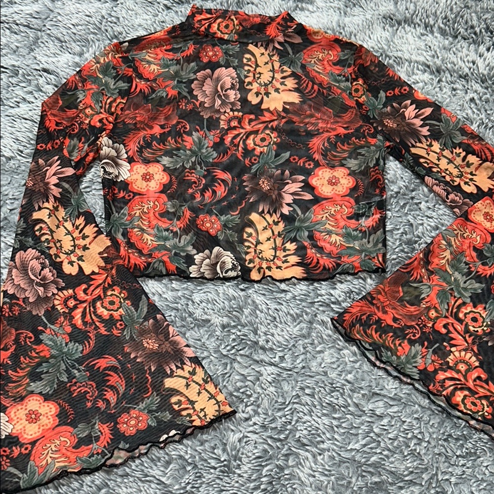 Floral Long Sleeve Women's Mesh Crop Top with Bodysuit